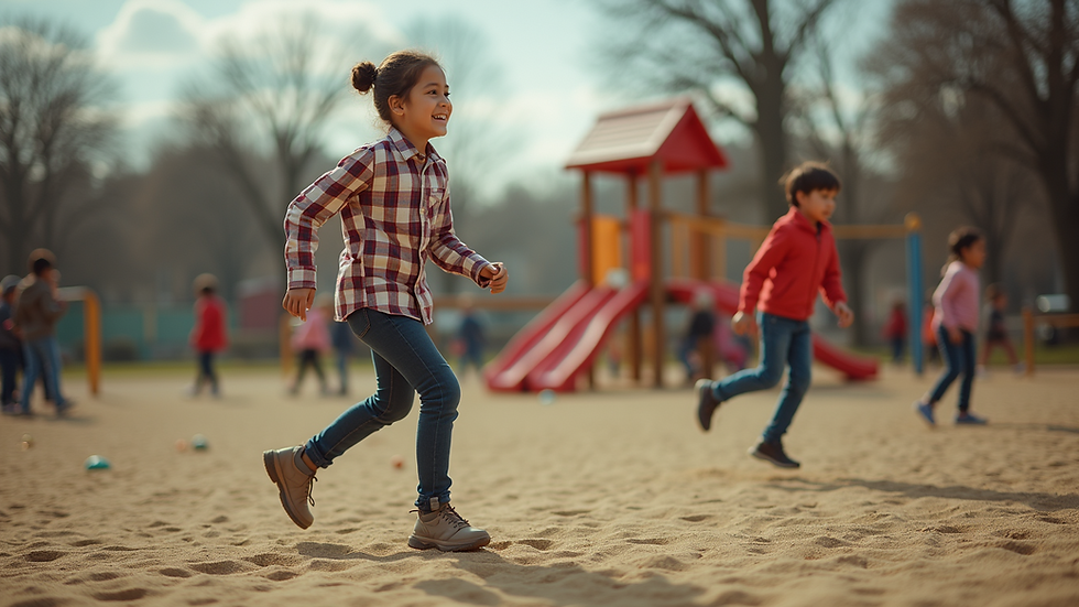Wide angle view of a playground filled with children playing