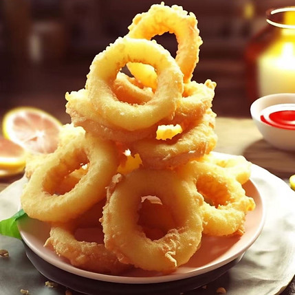 Stack of fried onion rings on a plate with dipping sauce Asian Bistro
