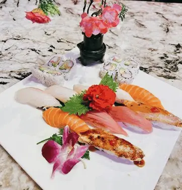 Sushi plate with salmon and tuna, kamiya sushi restaurant, fresh gourmet food
