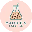 Maddie's Boba Lab logo with a beaker and boba, text on a pink background.