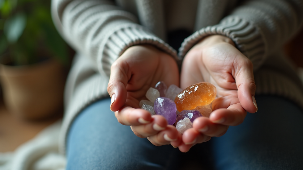 Close-up view of a healer's hands holding crystals during an intuitive reading