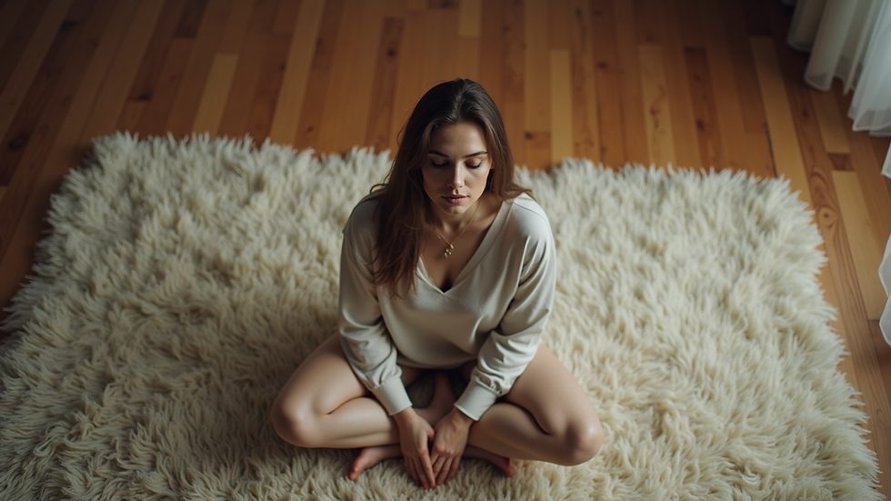 High angle view of a woman sitting cross-legged on a soft rug with eyes closed