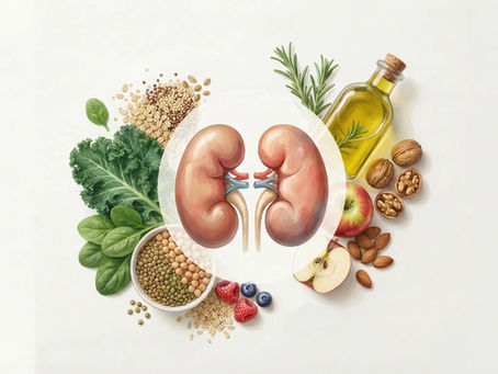 An illustration of human kidneys surrounded by a variety of plant-based foods including kale, spinach, lentils, berries, apples, nuts, and olive oil.