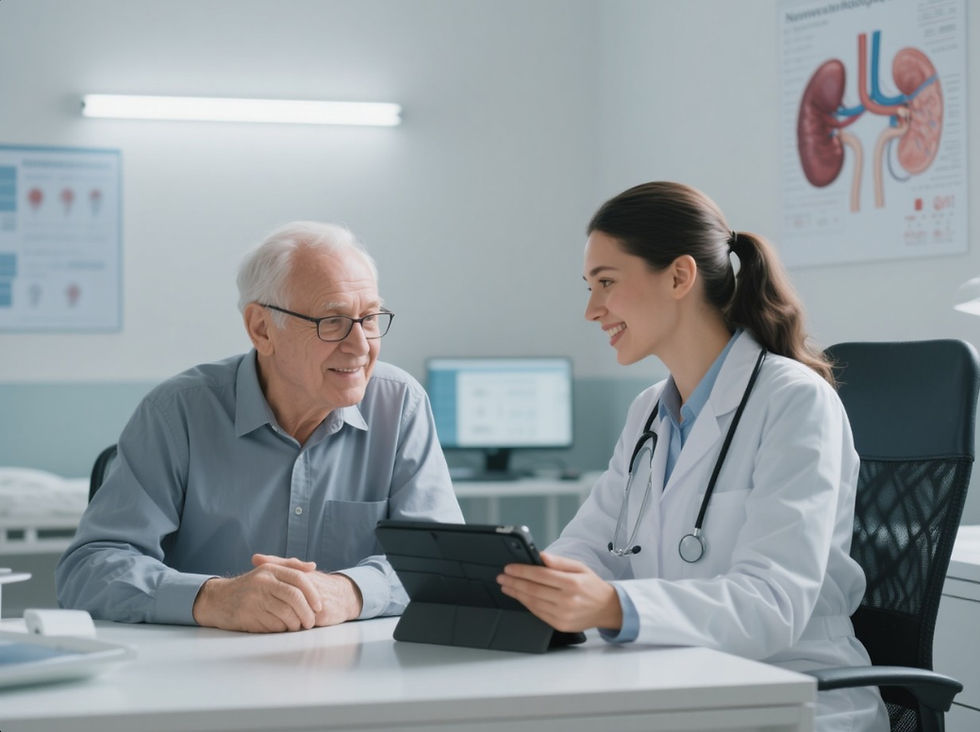 A smiling female doctor in a white coat and stethoscope is sitting at a desk, showing information on a tablet to an older male patient with glasses who is also smiling and looking at the doctor. In the background, there's a medical chart of kidneys on the wall.
