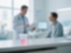 A blurry image shows a doctor in a white coat reviewing a chart while a male patient sits across from him in a medical office. In the foreground, a clear urine sample cup with pink-reddish liquid is prominently displayed on a white counter, suggesting the presence of blood in the urine.