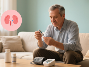 An older man seated on a couch testing his blood sugar with a glucometer, next to bottles of pills and a blood pressure monitor. A graphic of the kidneys is shown in the corner, representing Diabetic Kidney Disease (DKD).