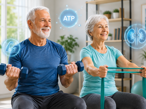 An active older couple exercising at home with dumbbells and a resistance band, surrounded by digital graphic overlays of an ATP symbol, a strong muscle icon, and a glowing kidney anatomy diagram.