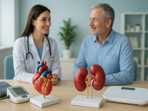 A physician consulting with a male patient, with models of a human heart and kidneys displayed prominently on the table next to a blood pressure monitor and a weighing scale. This symbolizes the link between obesity, heart, and kidney health.