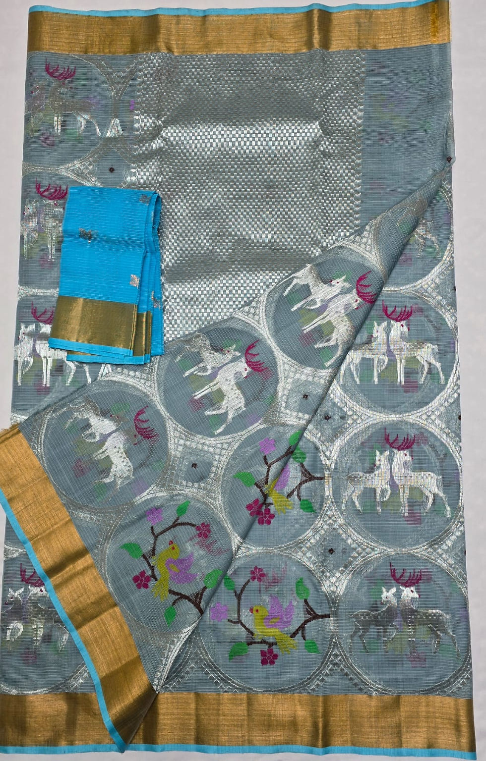 Thumbnail: Silver Kota Doria fabric with gold border, elephant patterns