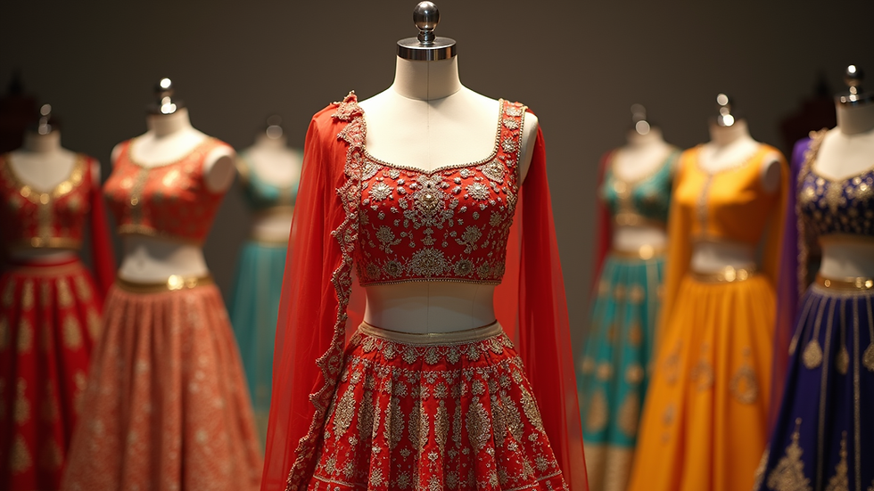 Eye-level view of a vibrant Kota Katha lehenga displayed on a mannequin