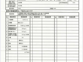 浜松市天竜区阿多古の山水が、飲料水の水質基準に適合していることを示す正式な水質検査結果書