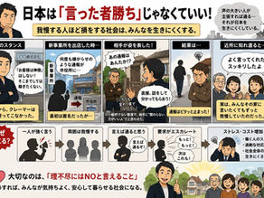 日本の「言った者勝ち」で我慢する人ほど疲れてしまう社会を表したイラスト