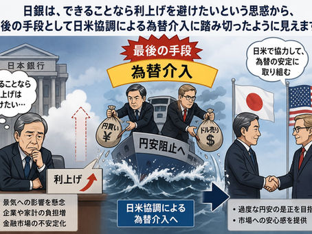 日銀は、できることなら利上げを避けたいという思惑から、最後の手段として日米協調による為替介入に踏み切ったように見えます。