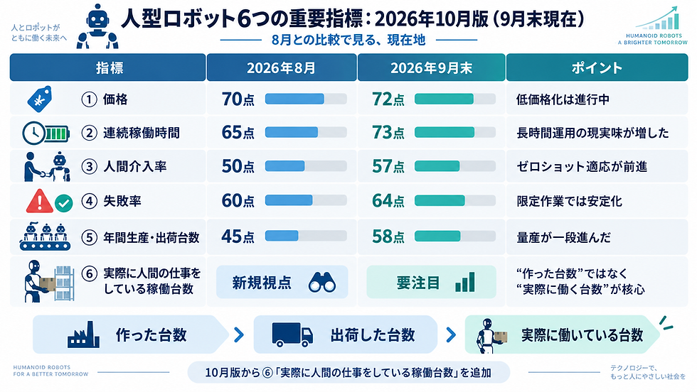 人型ロボット6指標の比較表。2026年8月と9月末の価格、稼働時間、人間介入率などが上昇。青緑基調で、下段に作った台数→出荷→実稼働の流れが示される。