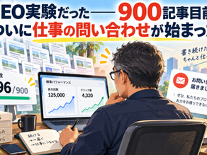 SEO実験900記事目前となり、Google検索の表示回数やアクセス数が伸び、仕事の問い合わせが始まった様子を表すイラスト