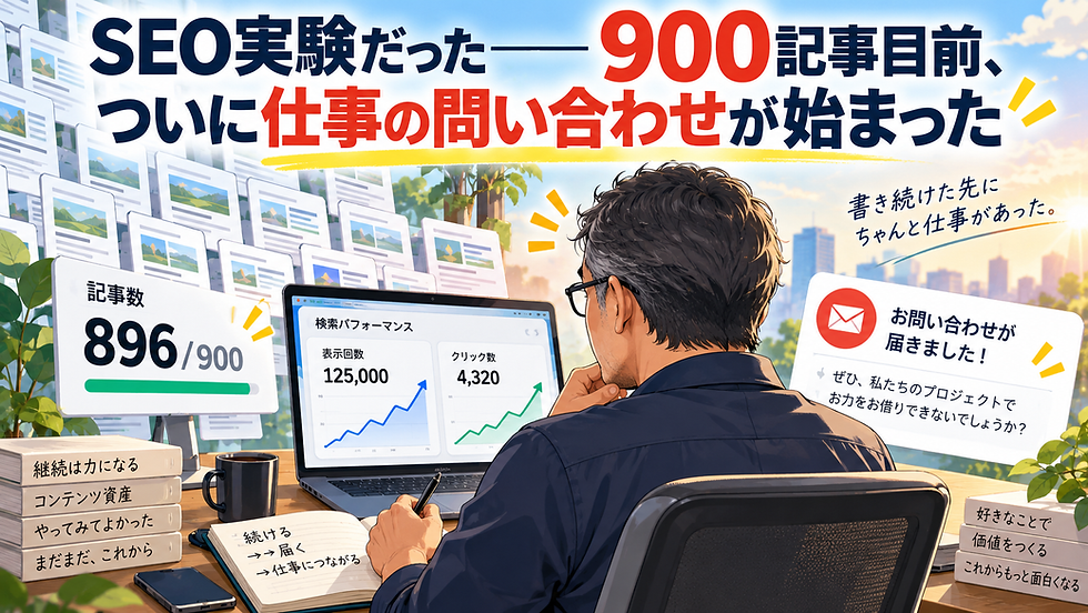 デスクでノートPCを見つめる男性。SEO記事896/900、表示回数125,000、クリック4,320、問い合わせ到着の通知が表示された明るい仕事風景。