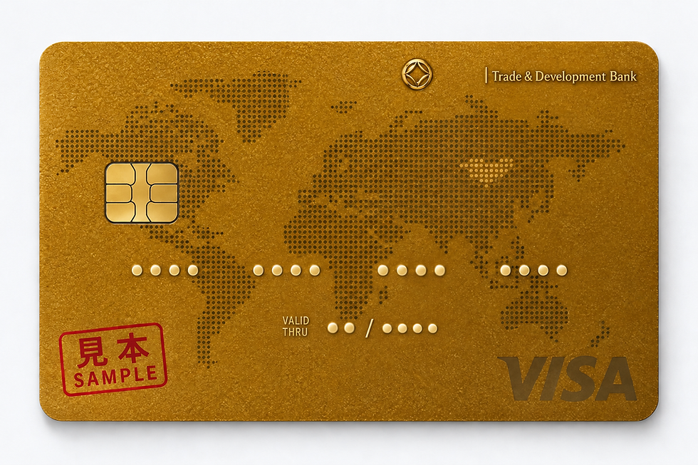 金色のVisaカードの見本。世界地図模様とICチップ、Trade & Development Bank、VALID THRU、見本の赤印がある。