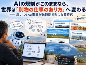 AIで仕事の未来が変わるイメージ。AIを活用して一人で事業アイデアを数時間で形にする様子