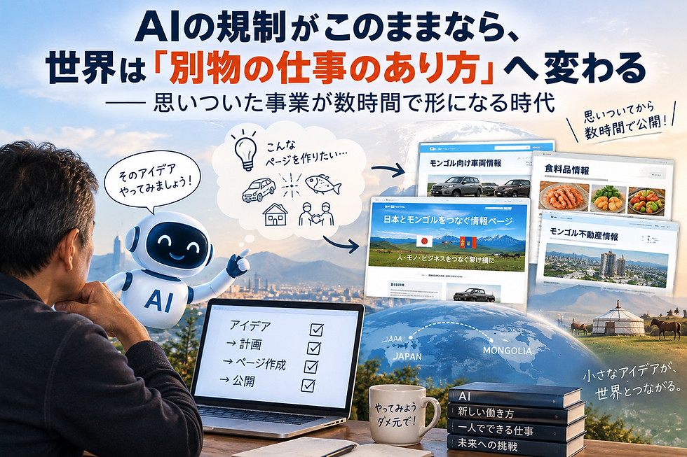 AIで仕事の未来が変わるイメージ。AIを活用して一人で事業アイデアを数時間で形にする様子