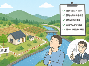 浜松市天竜区阿多古の山林と古民家を前に、売却や活用方法、災害リスクについて専門家へ相談する様子を描いたイラスト
