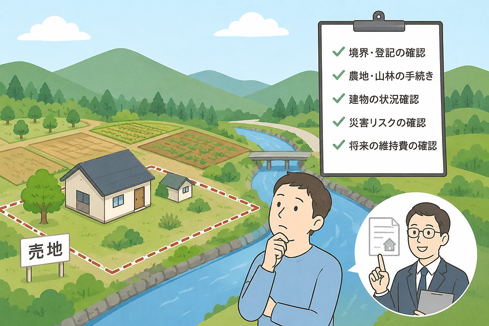 浜松市天竜区阿多古の山林と古民家を前に、売却や活用方法、災害リスクについて専門家へ相談する様子を描いたイラスト