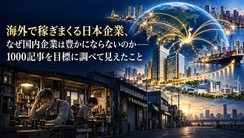 海外で成長する日本企業と、国内の町工場で働く経営者の対比を描いた記事イラスト