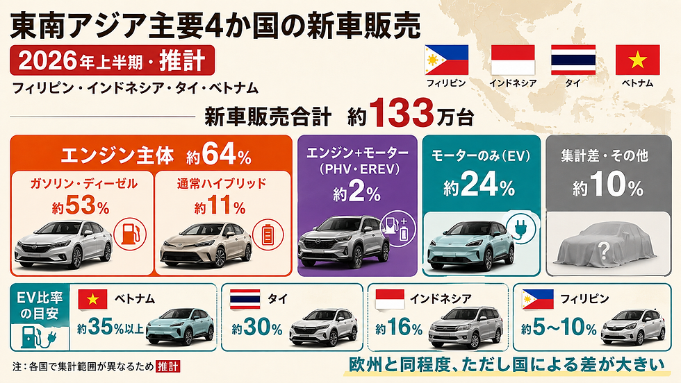 2026年東南アジア主要4カ国の新車販売推計グラフ。EV比率は約24%で国ごとに差がある