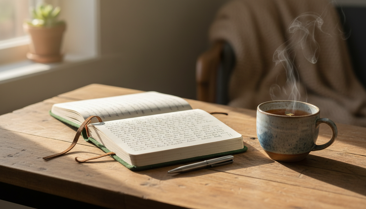 Close-up of a handwritten recovery journal beside a cup of tea.