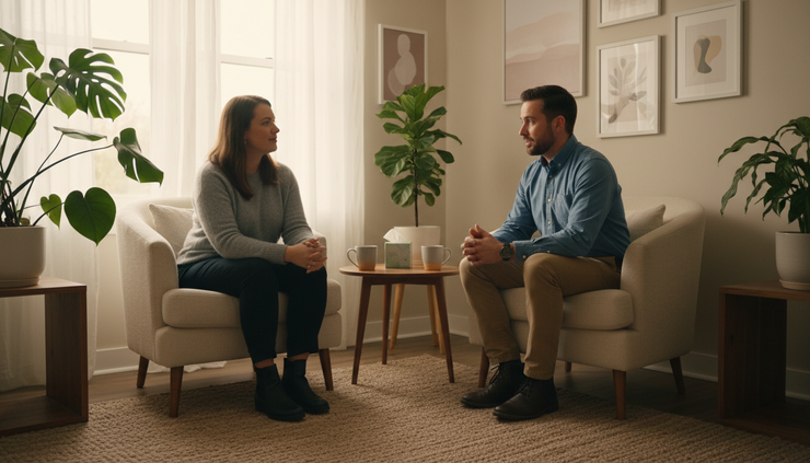 Eye-level view of two people sitting in a quiet room with comfortable chairs and warm light.