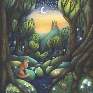 Waiting by Devon based artist Francesca Dawson is a mixed media artwork which features a fox in an ancient woodland with a frog and toadstools. There are twisted oak trees, a stream and a fairytale castle in the distance.