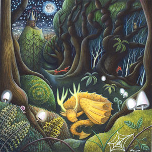 Magical mixed painting by Devon based artist Francesca Dawson. It features a sleeping dragon in an ancient woodland covered by mossy boulders, trees, ferns and toadstools. There is a fairytale castle and the full moon is glowing in the distance.