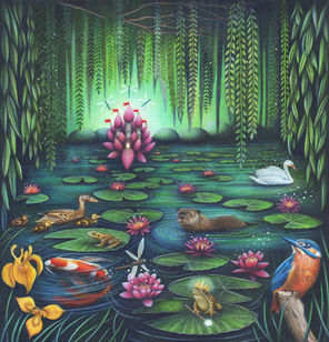 Magical lily pad pond with a fairy tale castle. There are dragonflies, a kingfisher, swan, duck, frogs, ducklings, otter and koi carp. There are willow trees hanging over the pond and lots of lily flowers. This whimsical mixed piece is by Devon based artist Francesca Dawson.