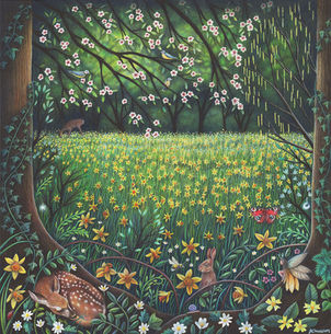 Mixed media painting on paper by Devon based artist Francesca Dawson. This artwork features a fawn, doe, deer, peacock butterfly, daffodils, a fairy, blossom, birds, trees, bumble bee and a floral meadow. 
