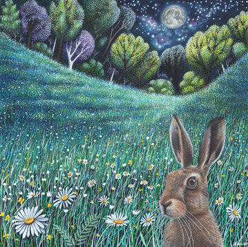 Moonlit Meadow mixed media artwork on paper by Devon based artist Francesca Dawson. This picture features a hare in a daisy field at night with a forest in the background and the moon in a starry sky.