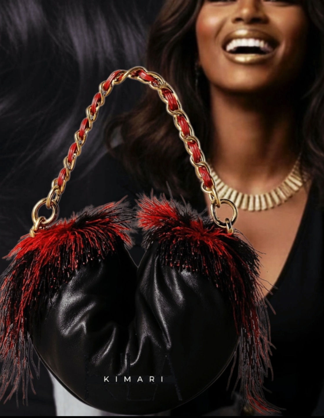 Luxury Handbag in black matte calfskin semi-round shape feather accent at each strap ring, gold chain strap with red fabric