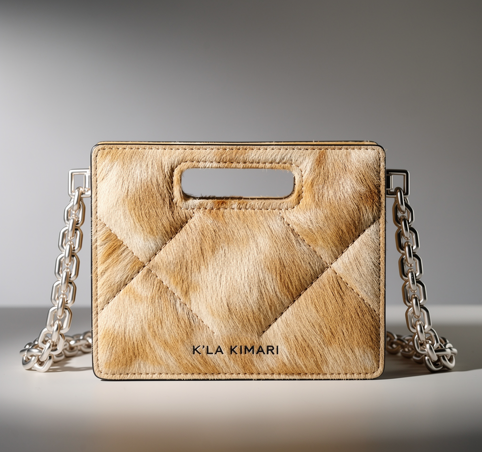 square shape handbag and clutch, premium blond brown hide-on-hair , a cutout handle , with silver chain strap option