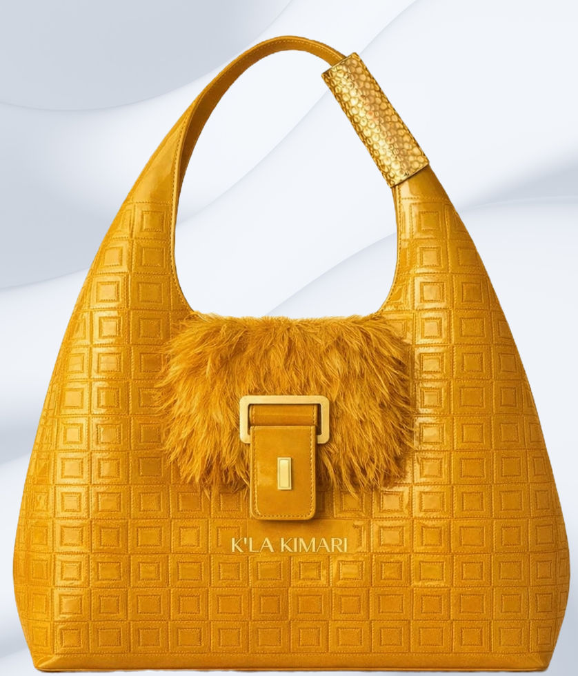 mustard embossed leather oval shape handbag with cutout strap, elegant feathered square flap closure and gold tab feature