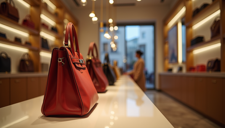 Eye-level view of a curated display of luxury handbags in a boutique setting