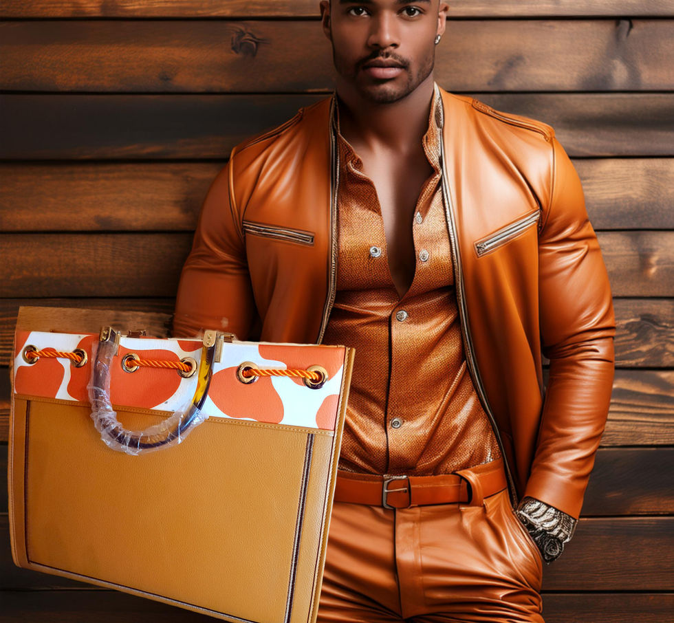 Orange and Cream Leather Tote Bag created by hand with orange white animal print trim -unisex- male modeling bag