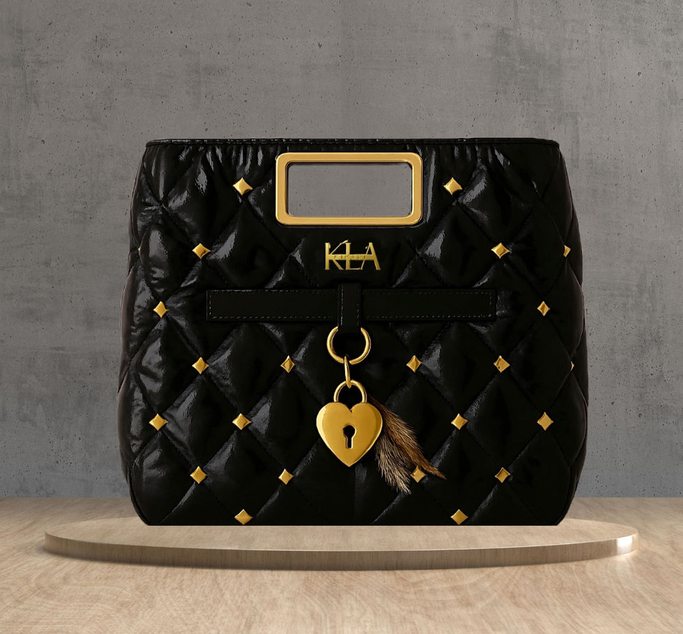 Black Puffer Genuine Leather Square gold studded handbag, cut out handle, with belt and lock detail -front view