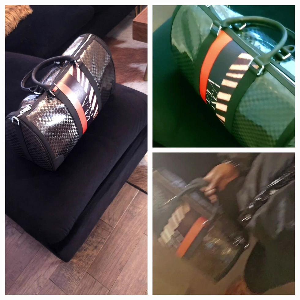 Black Leather Unisex Duffel Bag - camel, brown and ivory zebra stripes on front. 2 full inside pockets - Live model video