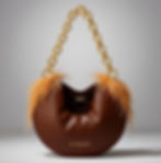 Luxury Handbag in chocolate calfskin semi-round shape feather accent near each strap ring, gold chain strap, printed lining
