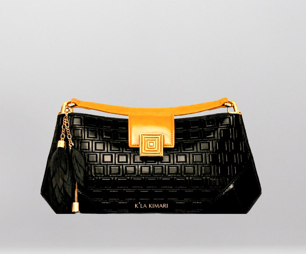 black calfskin embossed handbag, square pattern, feather charm , glossy orange square flap and strap and square lock closure