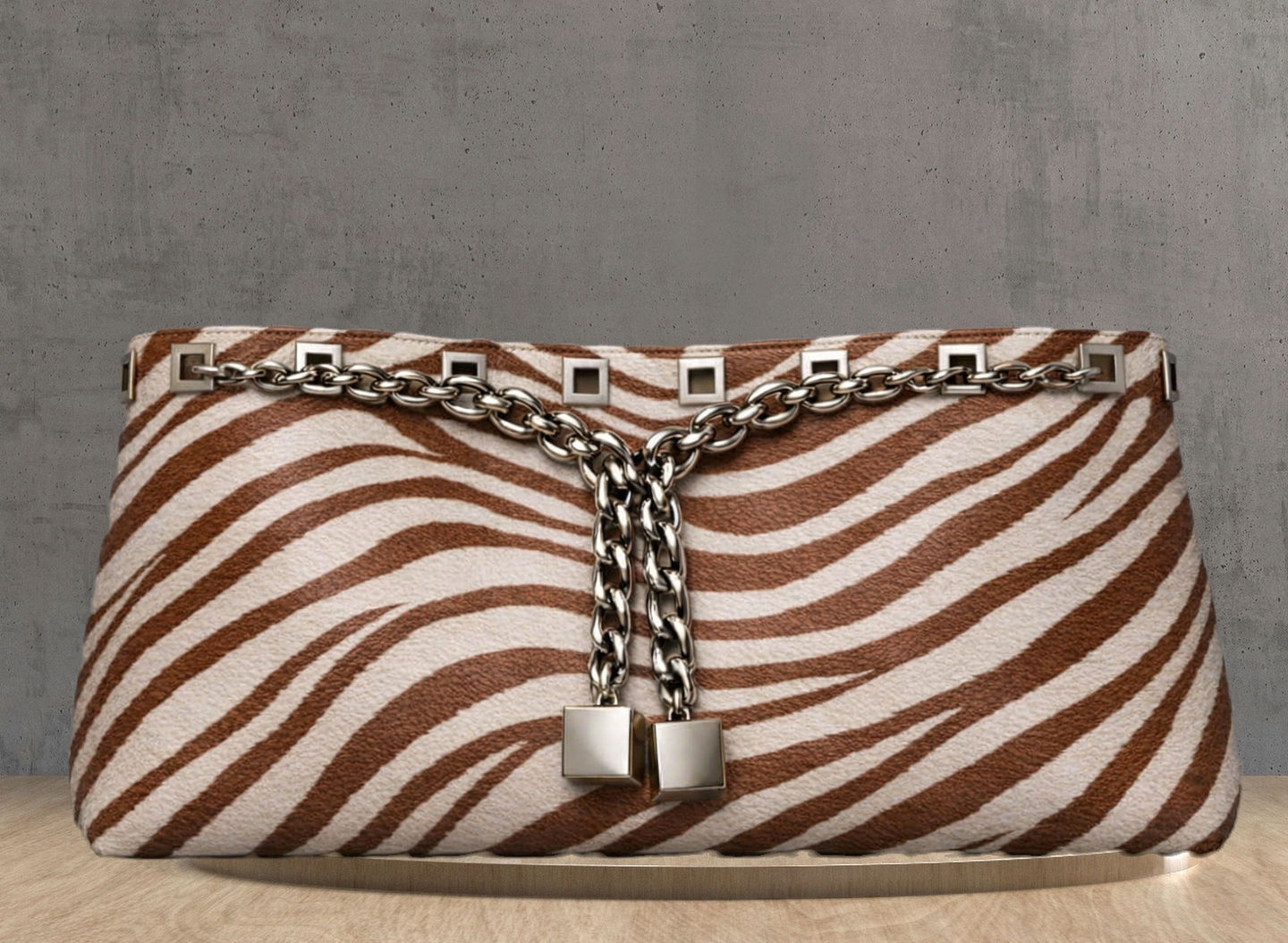brown white zebra print leather clutch bag, silver woven chain drawstring trim through silver eyelets, cross chained tassels