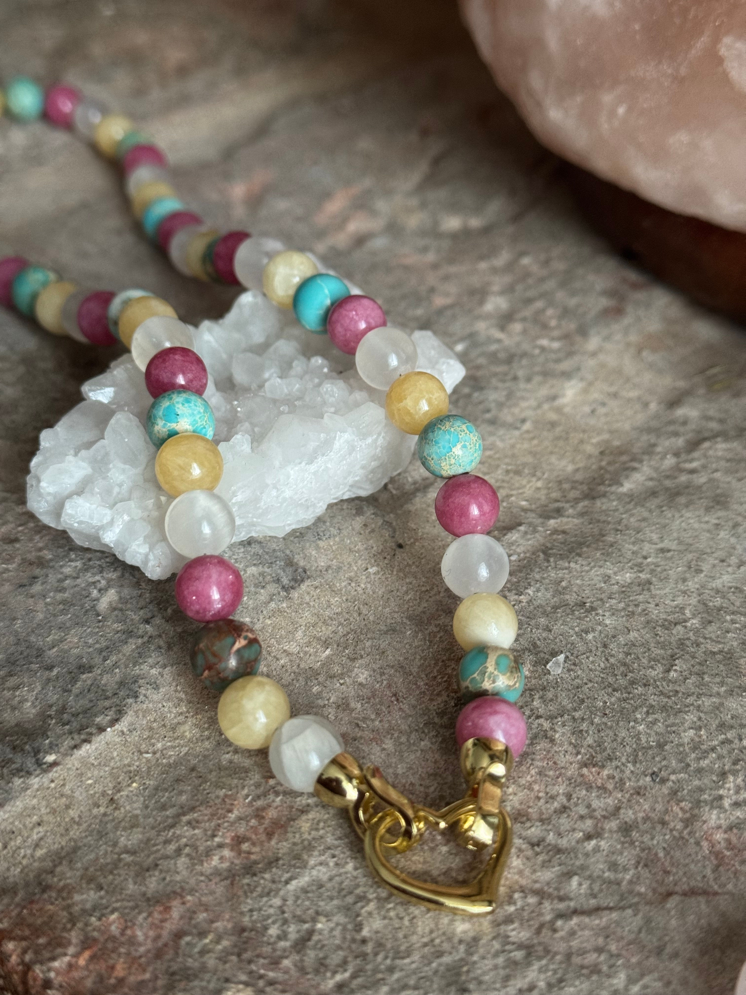 yellow jade pink agate white quartz variscite necklace