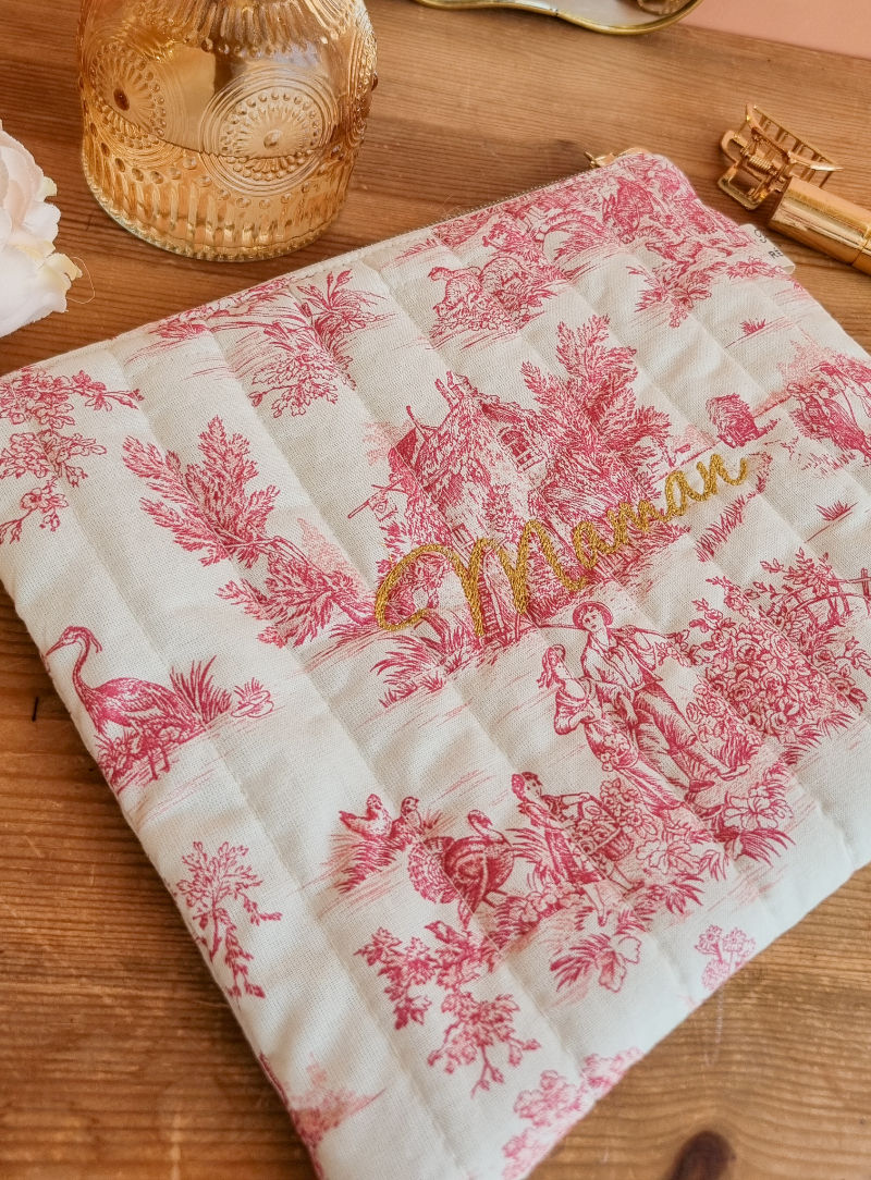 Pochette plate Matelassée Jouy rose Maman