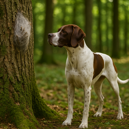 Hund steht im Wald vor Baum mit Eichenprozessionsspinner