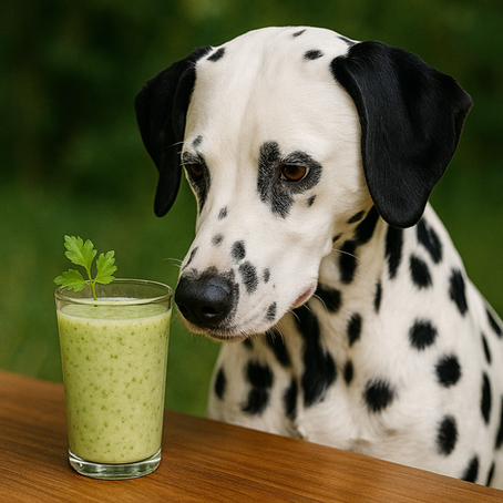 Hund sitzt vor einem Glas mit einem Smoothie