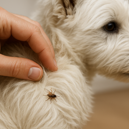Hund mit einer Hirschlausfliege im Fell