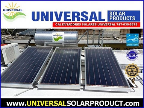 Anuncio de paneles solares Universal en un techo, con calentador solar y textos UNIVERSAL SOLAR PRODUCTS y www.universalsolarproduct.com